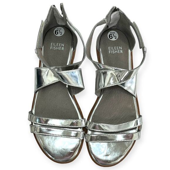 Eileen Fisher NEW CiCi Strappy Zip Leather Sandals Silver Mirror Metallic Sz 6.5 - Picture 3 of 9